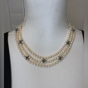 Honora White Freshwater 3-Strands Pearl Necklace Silver Flower Accents 17”